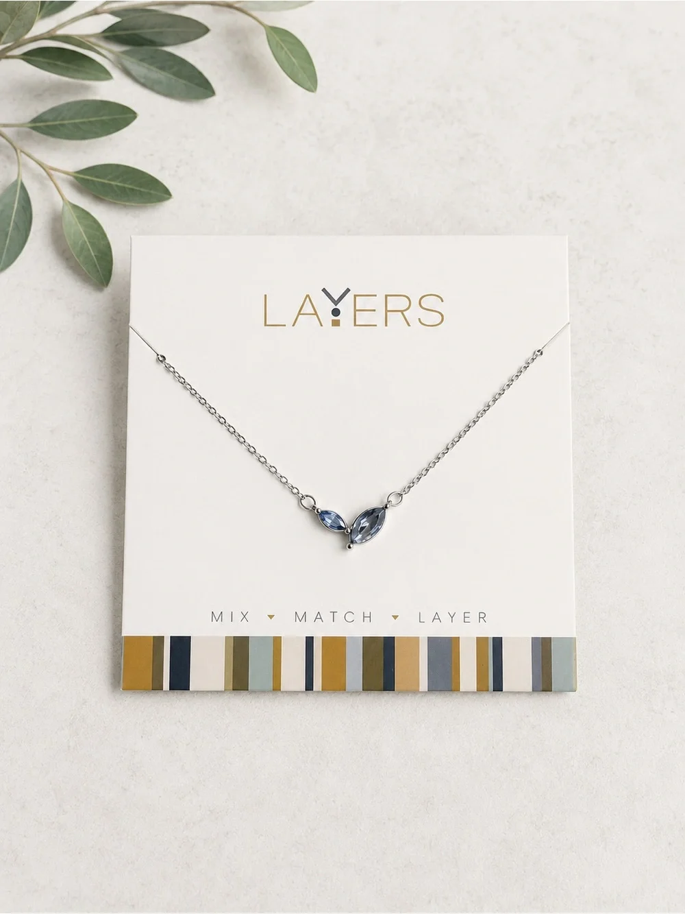 Layers Silver Necklace with Blue Crystal Marquise Stones NWT